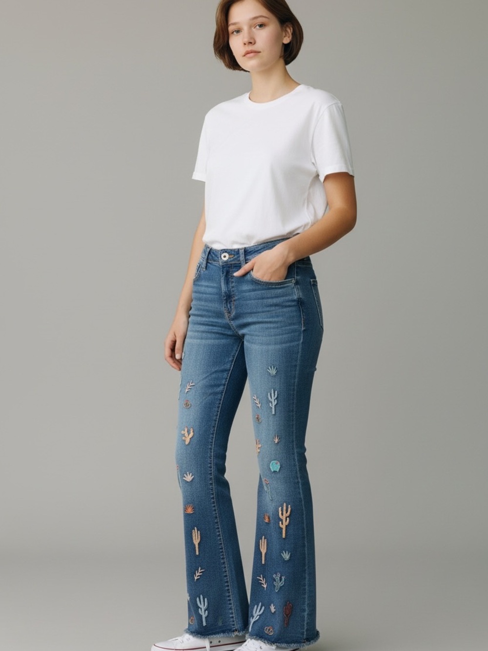 Grace in LA Blue Flare Jeans with Multicolor Desert Embroidery